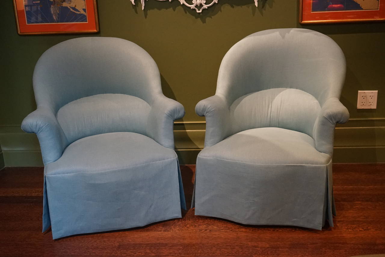 Linen Pair of French Napoleon III Bergeres, circa 1890 For Sale