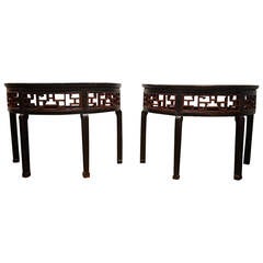 Pair of 19th Century Chinese Elmwood Black and Red Lacquered Demilune Consoles