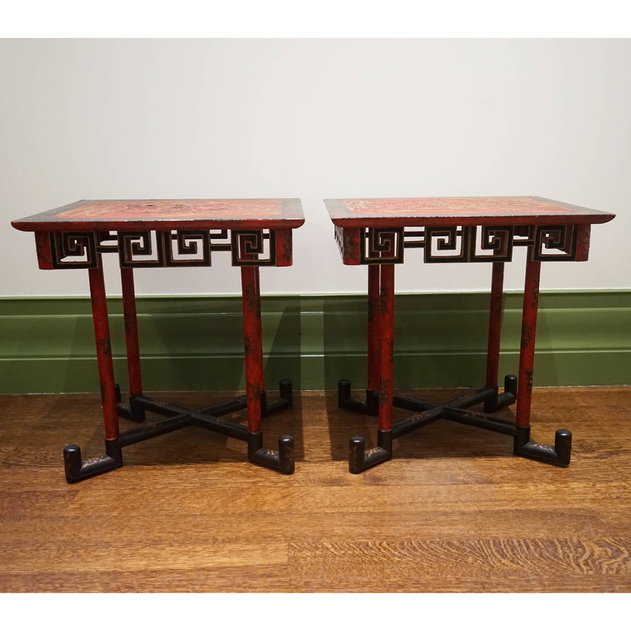 Pair of Chinese Export Red and Black Lacquered Occasional Tables, circa 1900