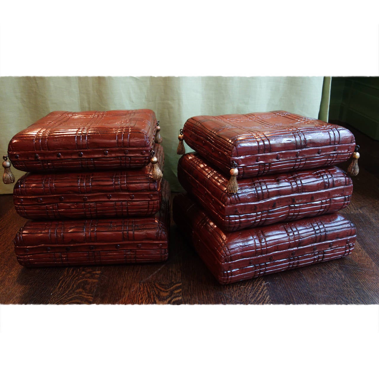 Carved Pair of 1970s Italian Wooden Stools in Shape of Stacked Pillows
