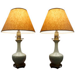 Pair of Antique Brass Mount Celadon Porcelain Oil Lamps