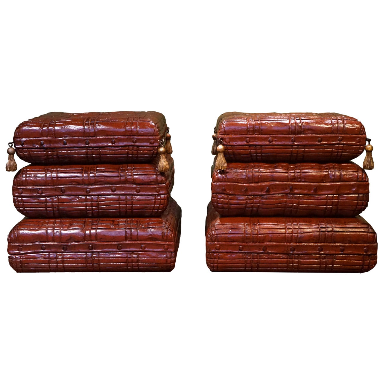 Pair of 1970s Italian Wooden Stools in Shape of Stacked Pillows