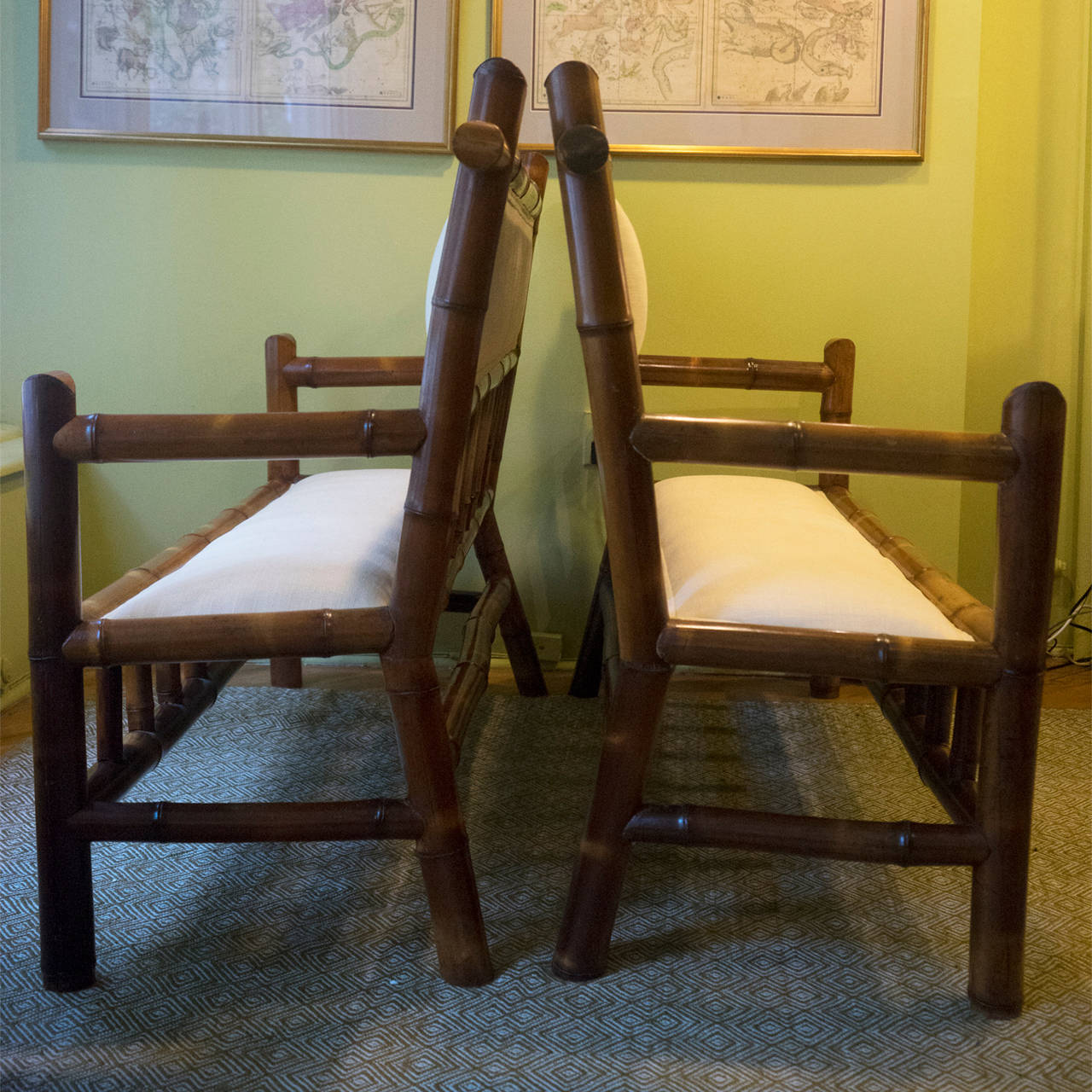 Pair of 19th century bamboo benches, likely Perret et Vibert. Thick bamboo frame with vertical slat accents.