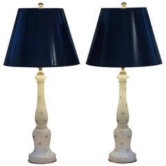 Antique Pair of 19th Century Opaline Lamps with Gold Painted Bows