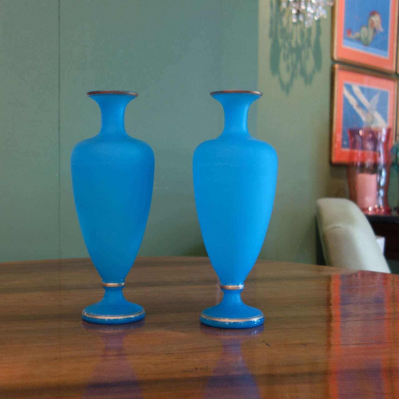 Pair of Blue Frosted Opaline Vases
