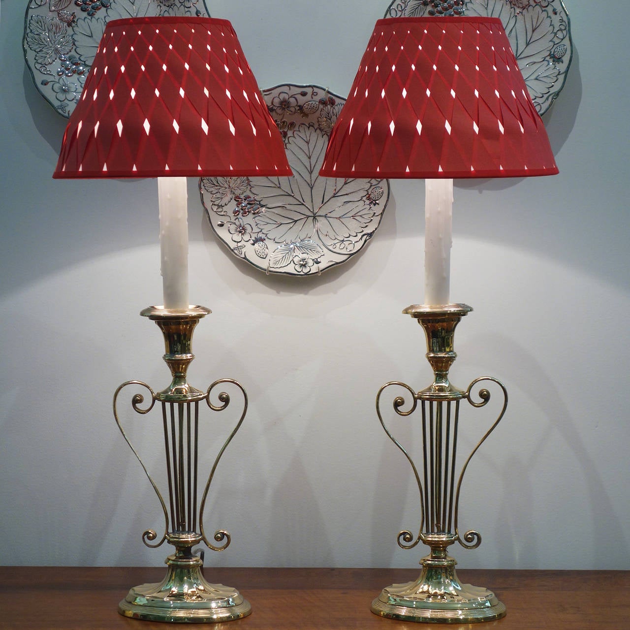 Pair of Vintage Silver Plate Harp Candlestick Lamps