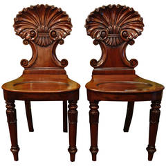 Pair of 19th Century English Mahogany Shell-Back Hall Chairs