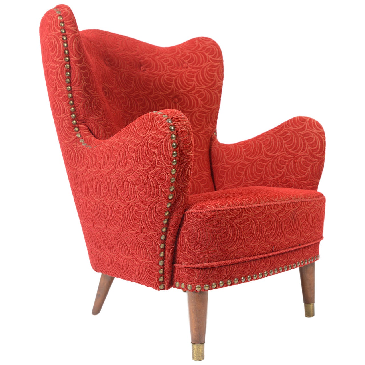 1940s Danish Wingback Lounge Chair in Red Frieze
