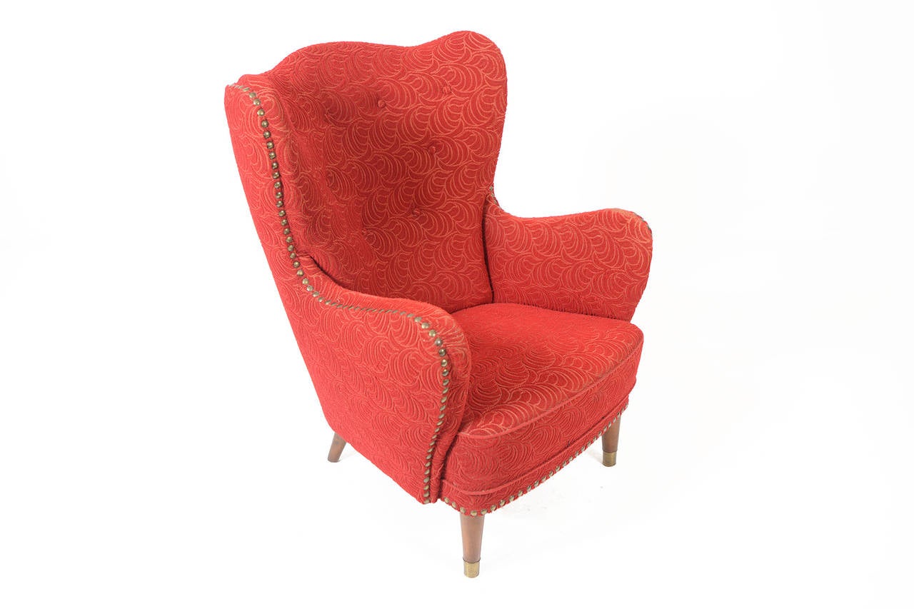 Scandinavian Modern 1940s Danish Wingback Lounge Chair in Red Frieze