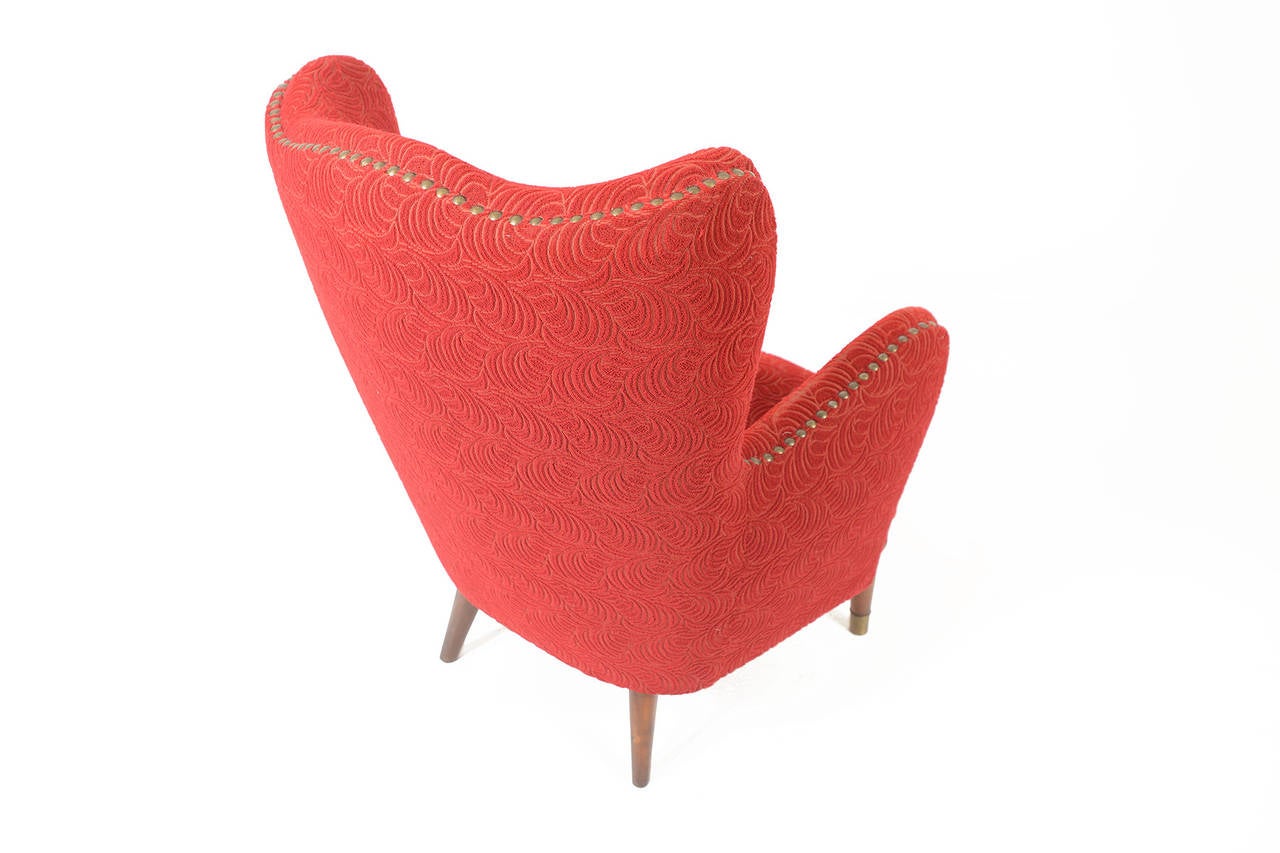 1940s Danish Wingback Lounge Chair in Red Frieze 1