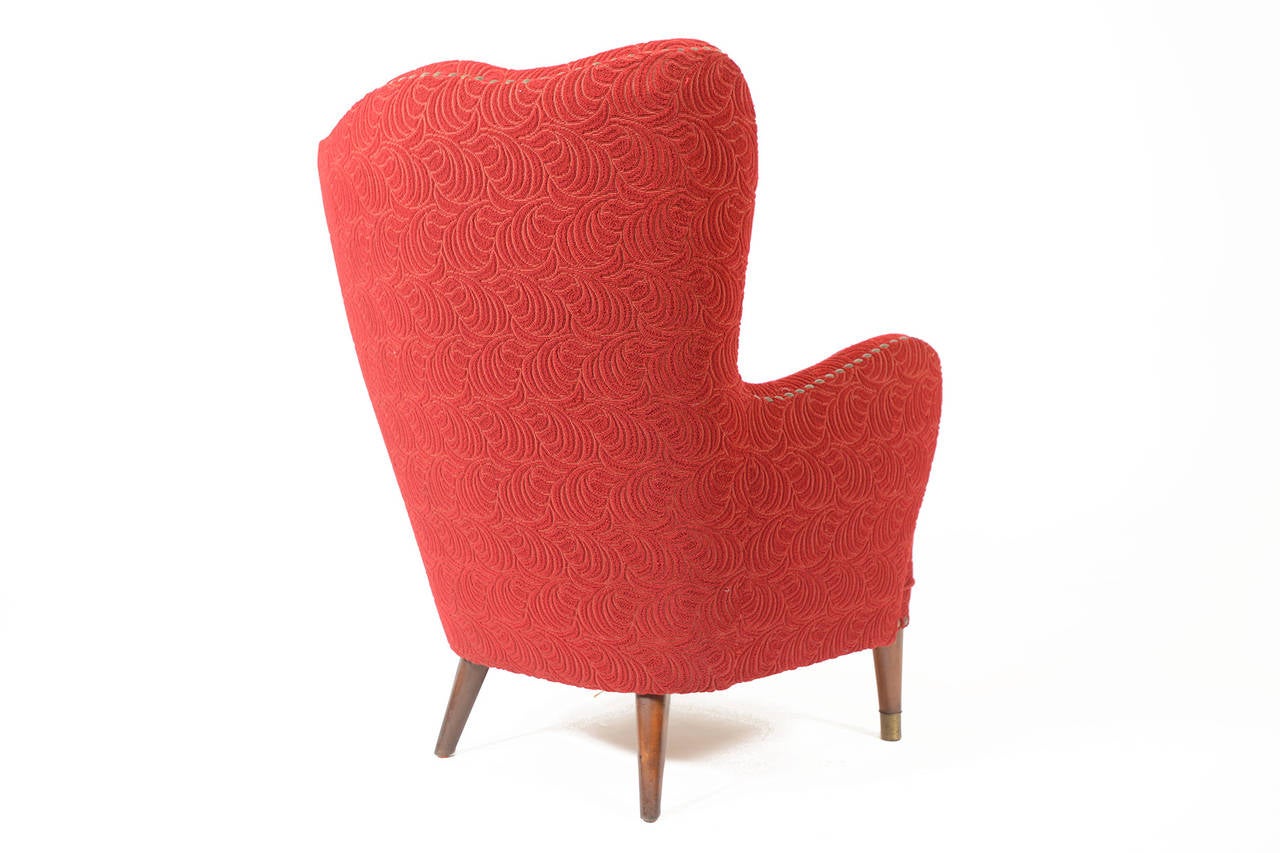 1940s Danish Wingback Lounge Chair in Red Frieze 2