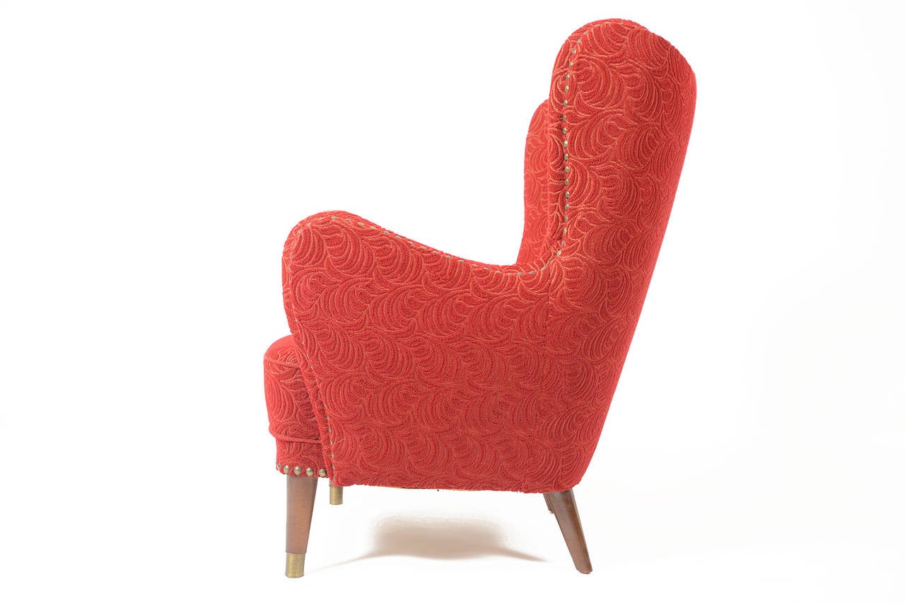 1940s Danish Wingback Lounge Chair in Red Frieze 3