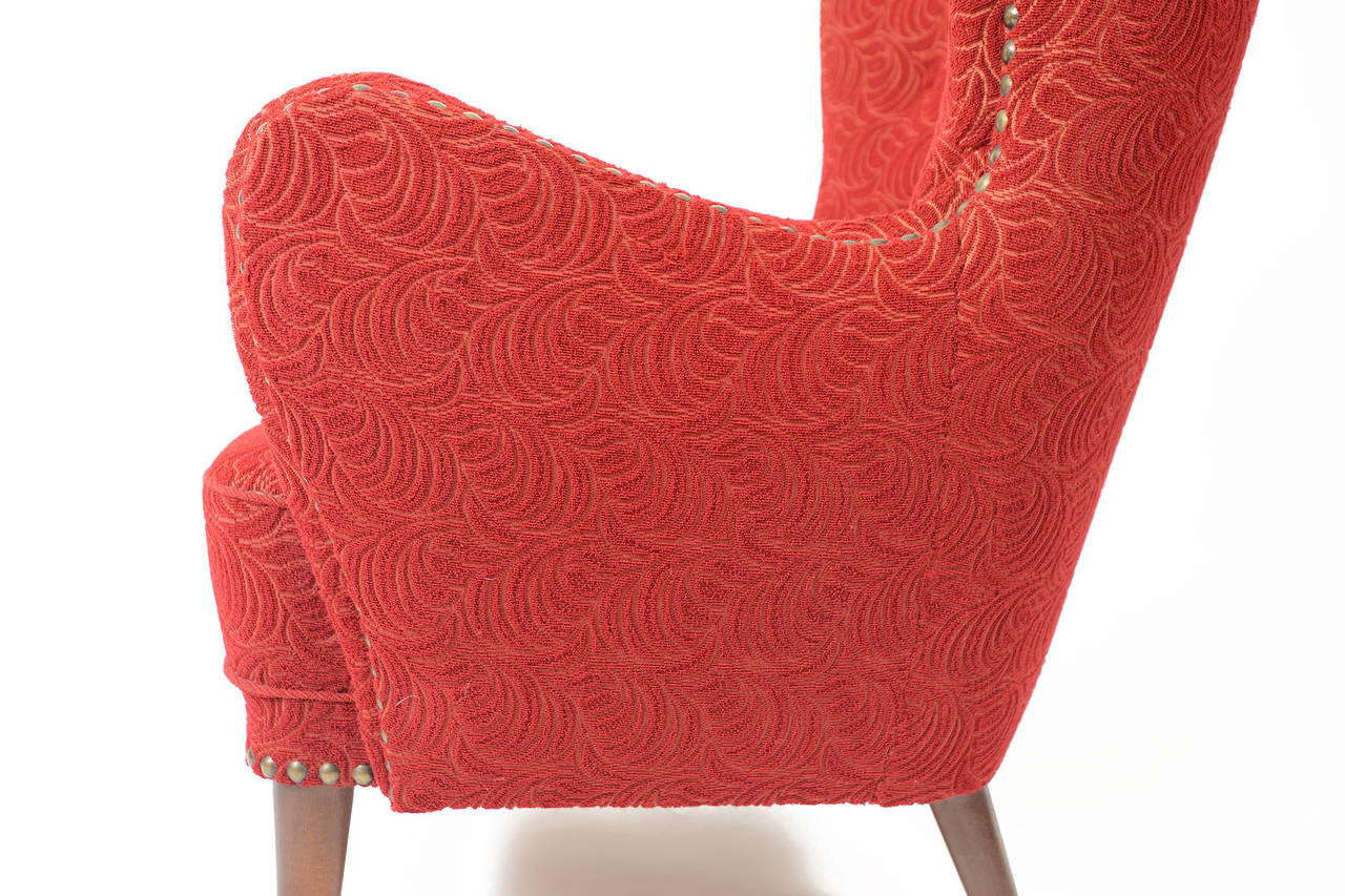 1940s Danish Wingback Lounge Chair in Red Frieze 4