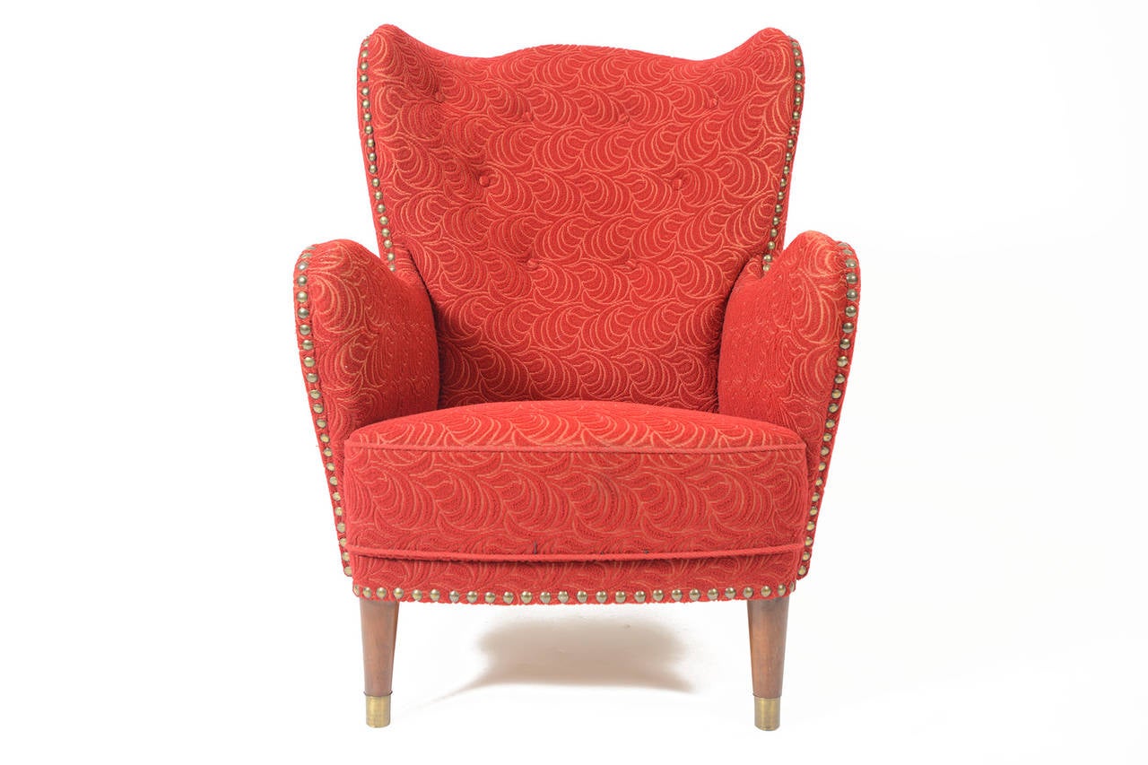 1940s Danish Wingback Lounge Chair in Red Frieze 5