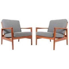 Pair of Danish Modern Teak Lounge Chairs in Grey Wool