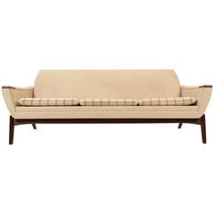 Retro Danish Modern Three-Seater Cream Sofa with Teak Paws