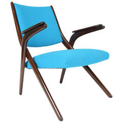 Danish Modern Beech Scissor Chair in Cyan