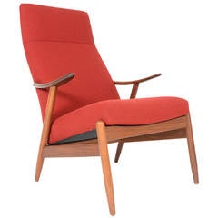 Danish Modern Highback Teak Lounge Chair in Crimson