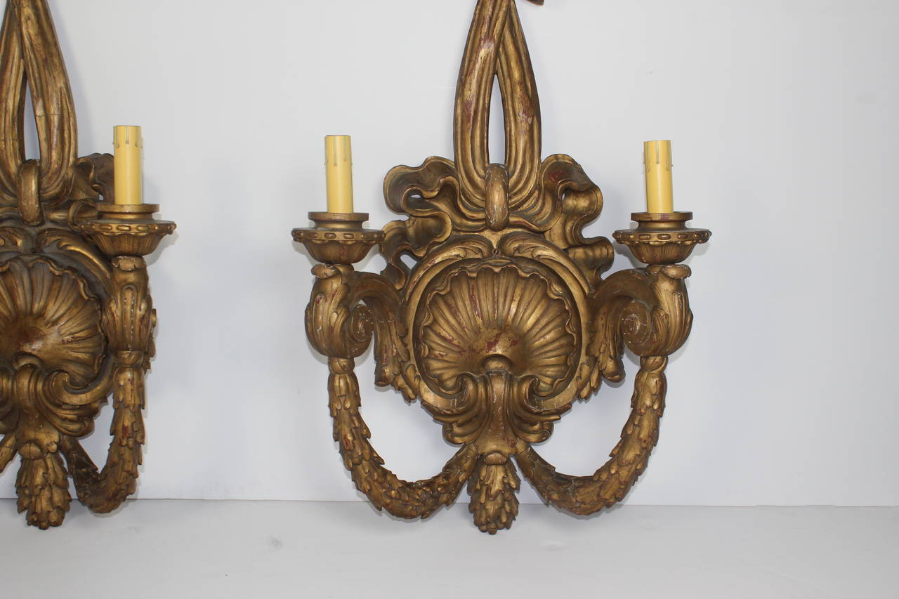 19th century Louis XV style fabulous large-scale wood carved wall fixtures. Marked 