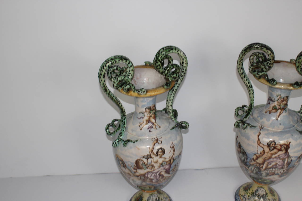 Italian Faience Hand-Painted Urns In Good Condition For Sale In Pomona, CA