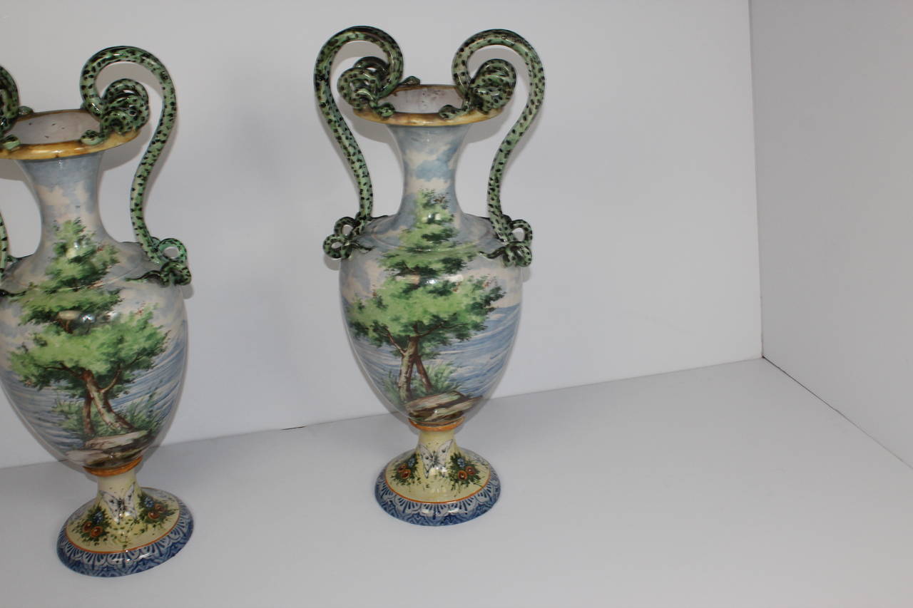 Pottery Italian Faience Hand-Painted Urns For Sale