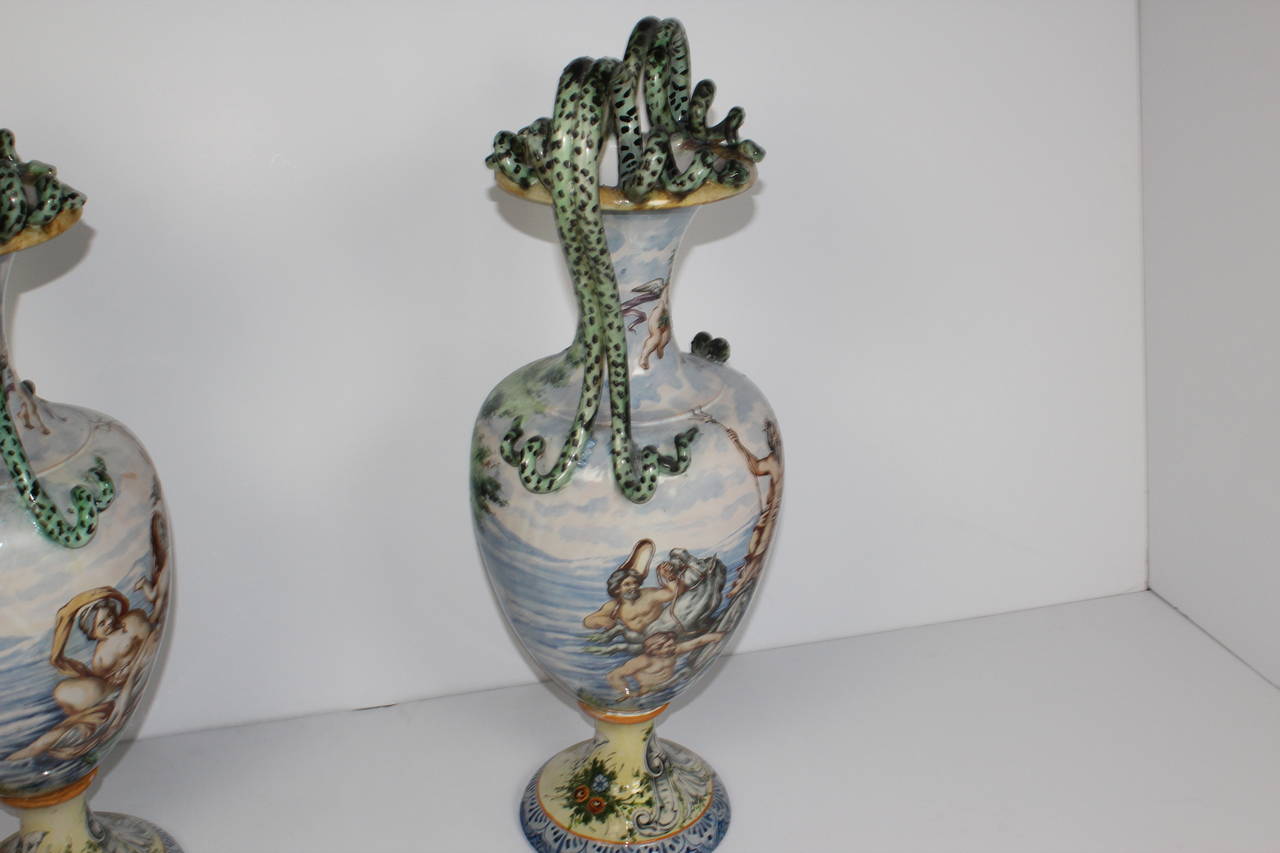 Italian Faience Hand-Painted Urns For Sale 2