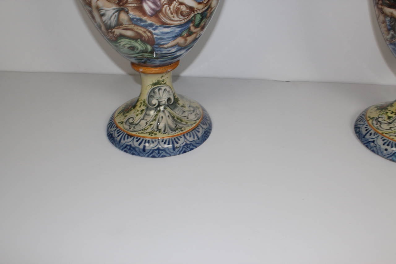 Italian Faience Hand-Painted Urns For Sale 4
