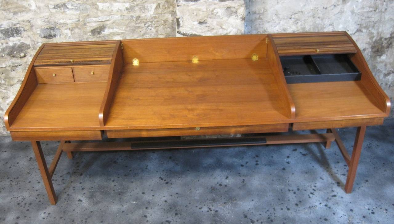 Brass Edward Wormley Roll Top Desk for Dunbar, Rosewood American Mid-Century Modern