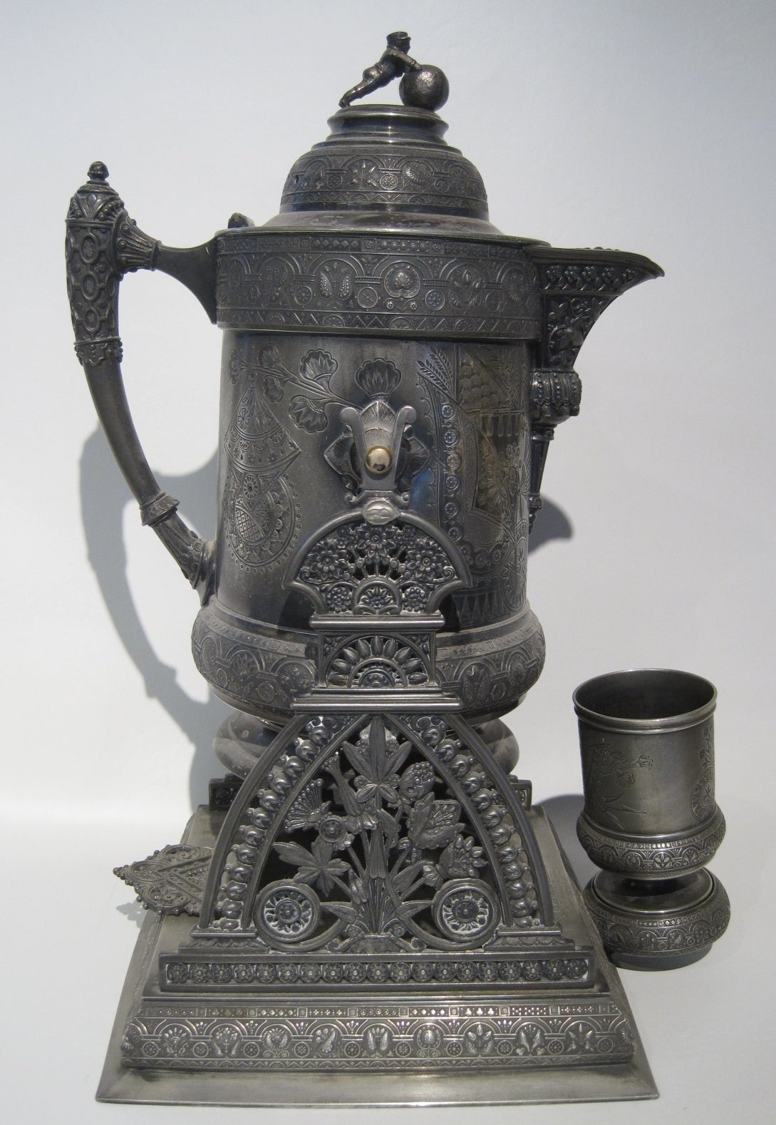 English Ornate Victorian Silver Plate Tipping Kettle