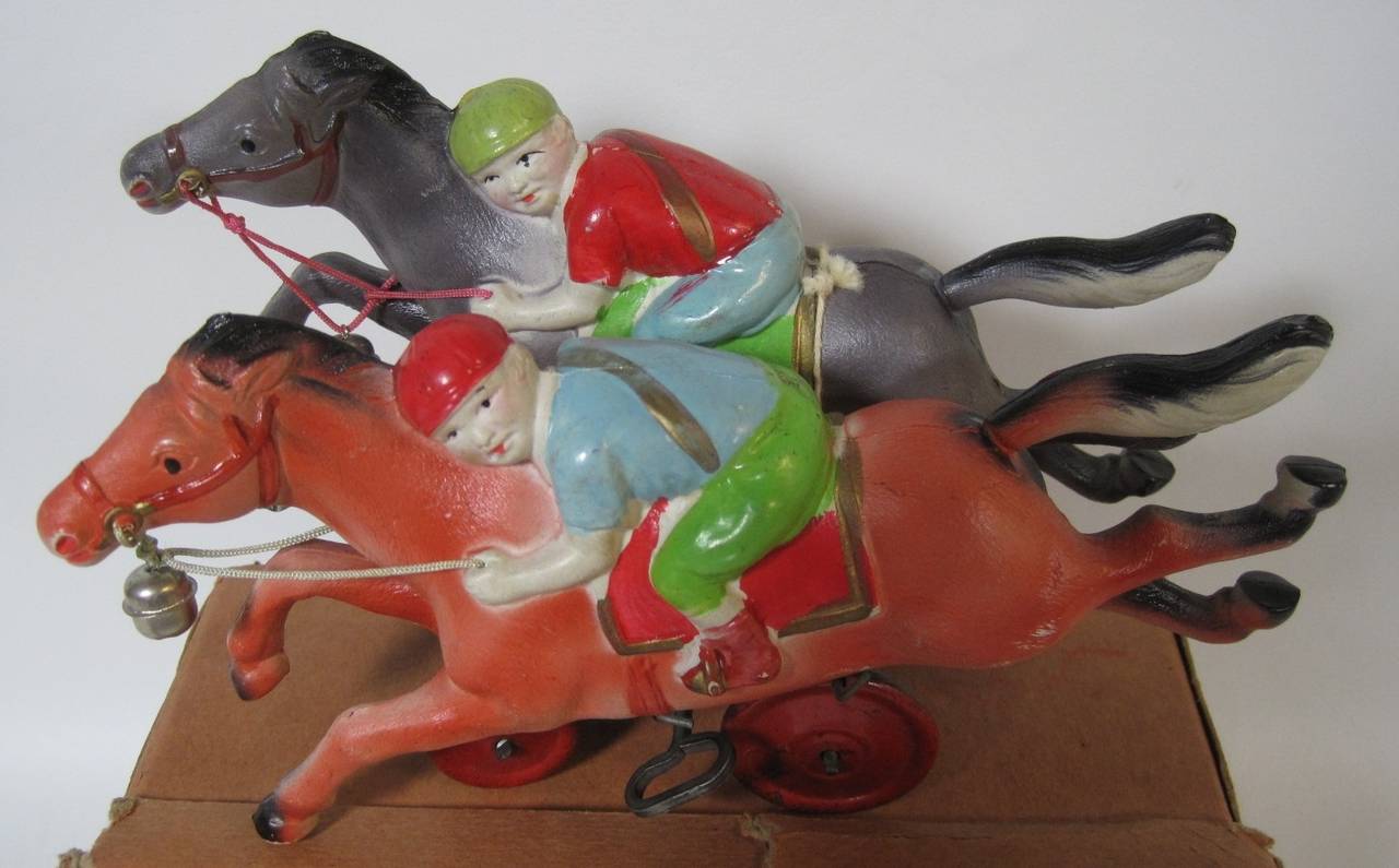 Japanese Celluloid Horse Racing Spring Tin Toy with Original Box