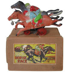 Vintage Japanese Celluloid Horse Racing Spring Tin Toy with Original Box