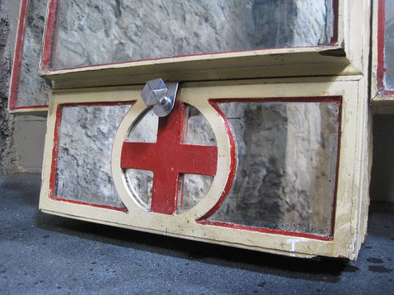 Art Deco Red Cross Medicine Cabinet. Lot of storage. Unique piece for over the bathroom sink.