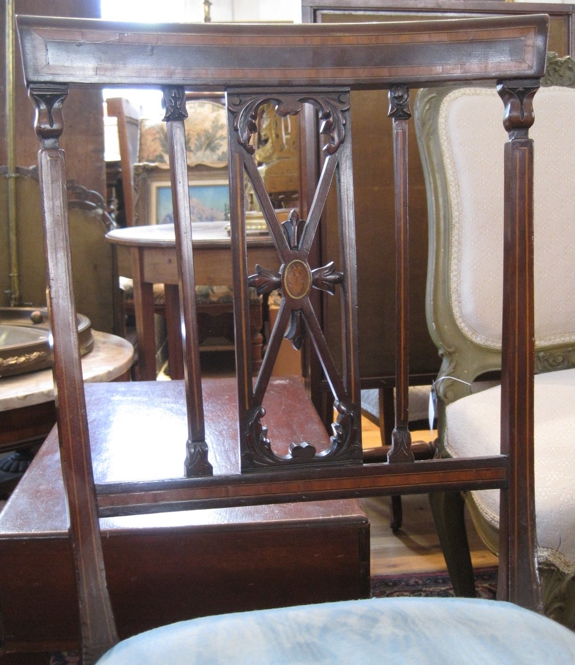 Four Edwardian Period Inlaid Mahogany and Satinwood Dining Chairs In Good Condition In Hamilton, Ontario