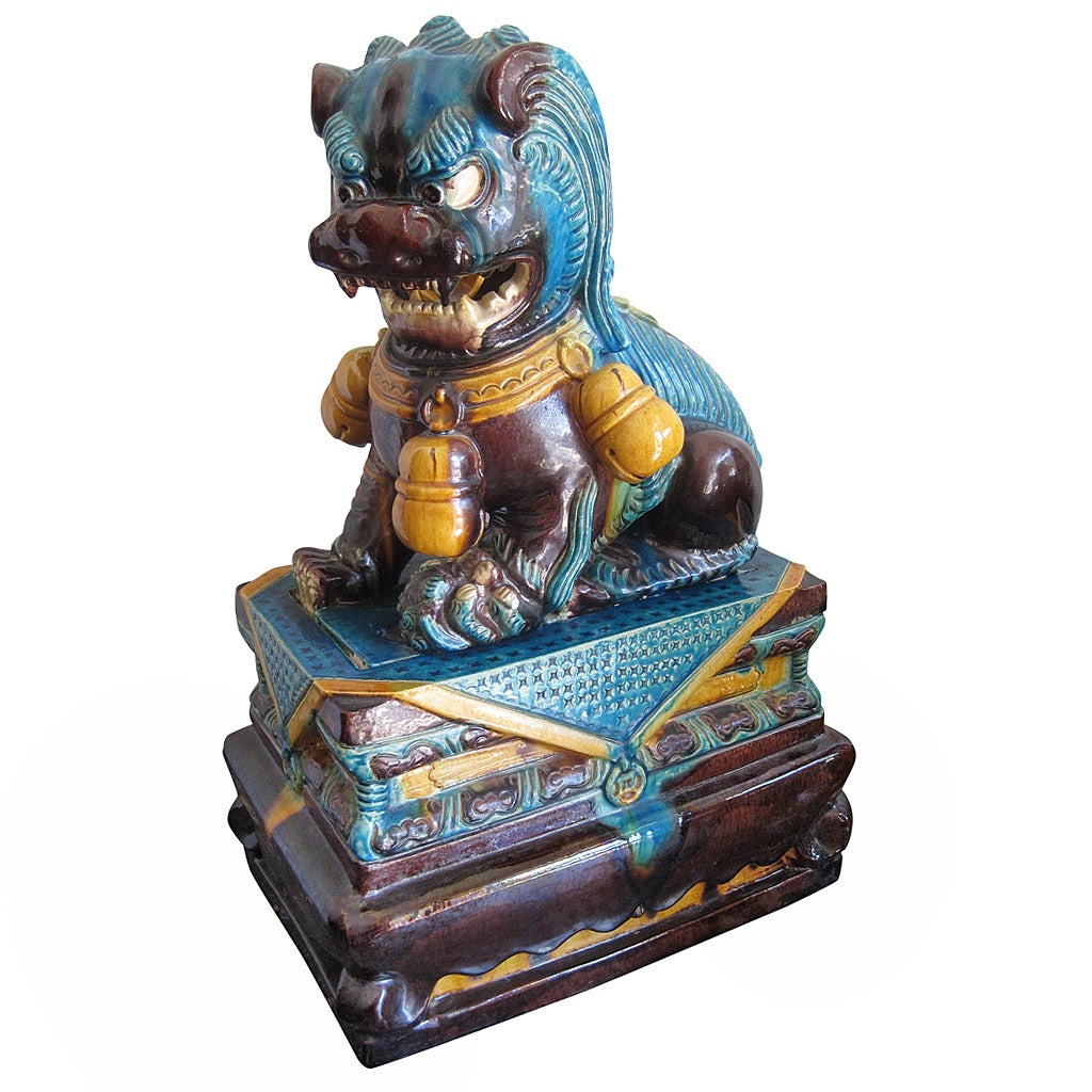 19th Century Chinese Porcelain Foo Dog on Pedestal
