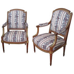 Pair of French Louis XVI Fauteuils Gilt Armchairs, 19th Century