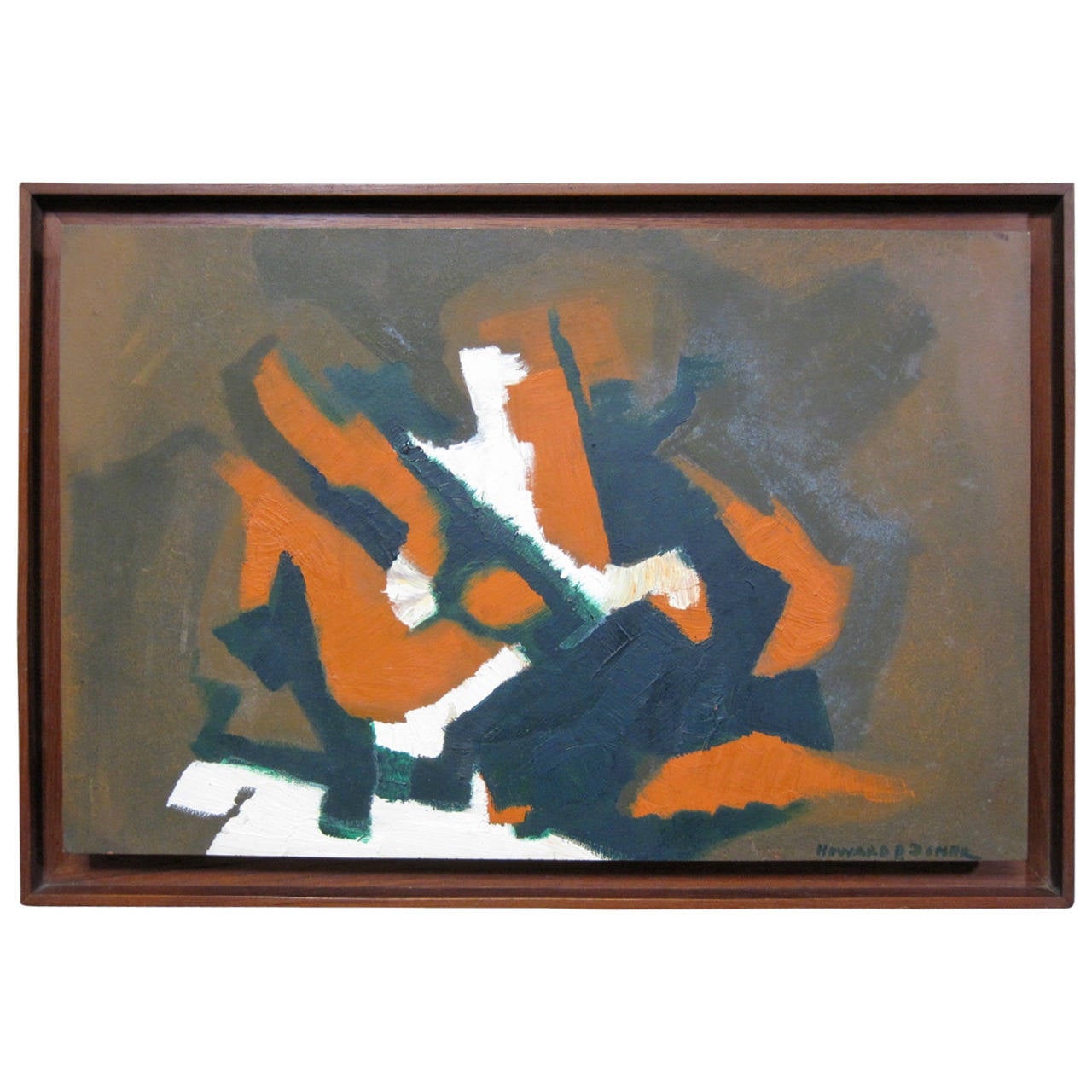 Howard P. Doner Abstract Oil Painting in Teak Frame at 1stDibs