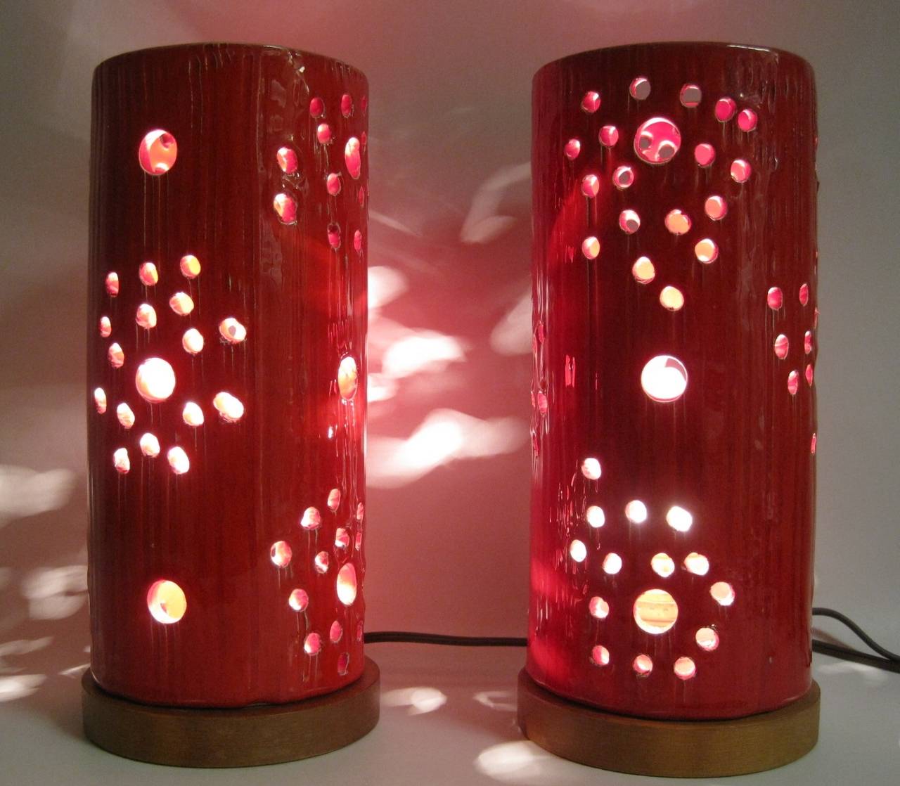 Pair of Mid-Century Modern Art Pottery Lamps on Teak Base