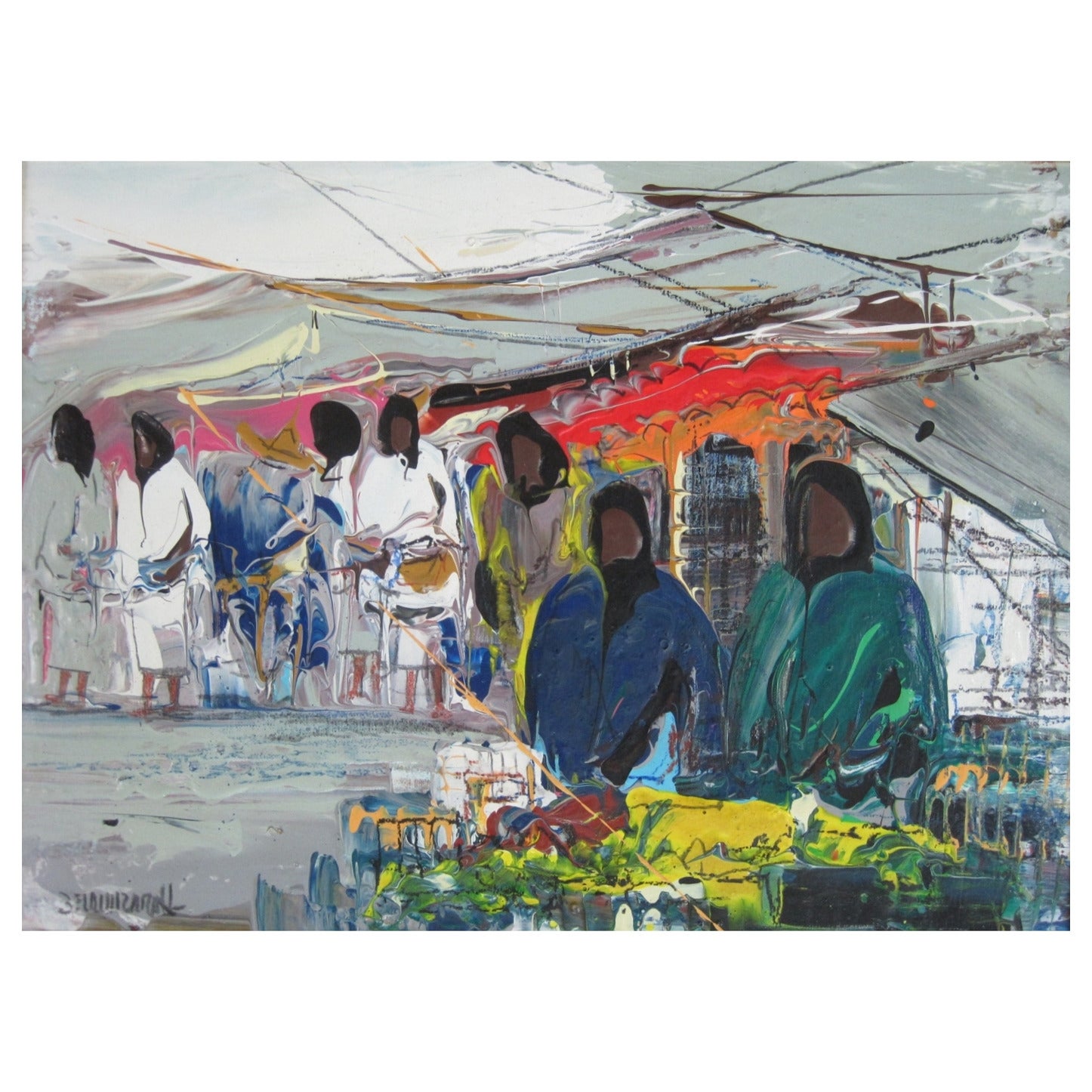 Leon Belaunzaran Painting "El Mercado" Oil on Canvas