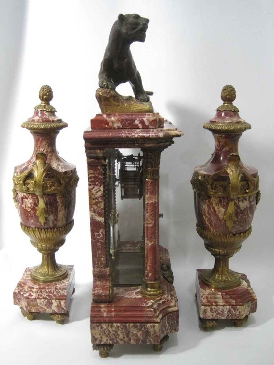 French Marble Clock and Garniture Set, Louis XVI Style In Good Condition For Sale In Hamilton, Ontario