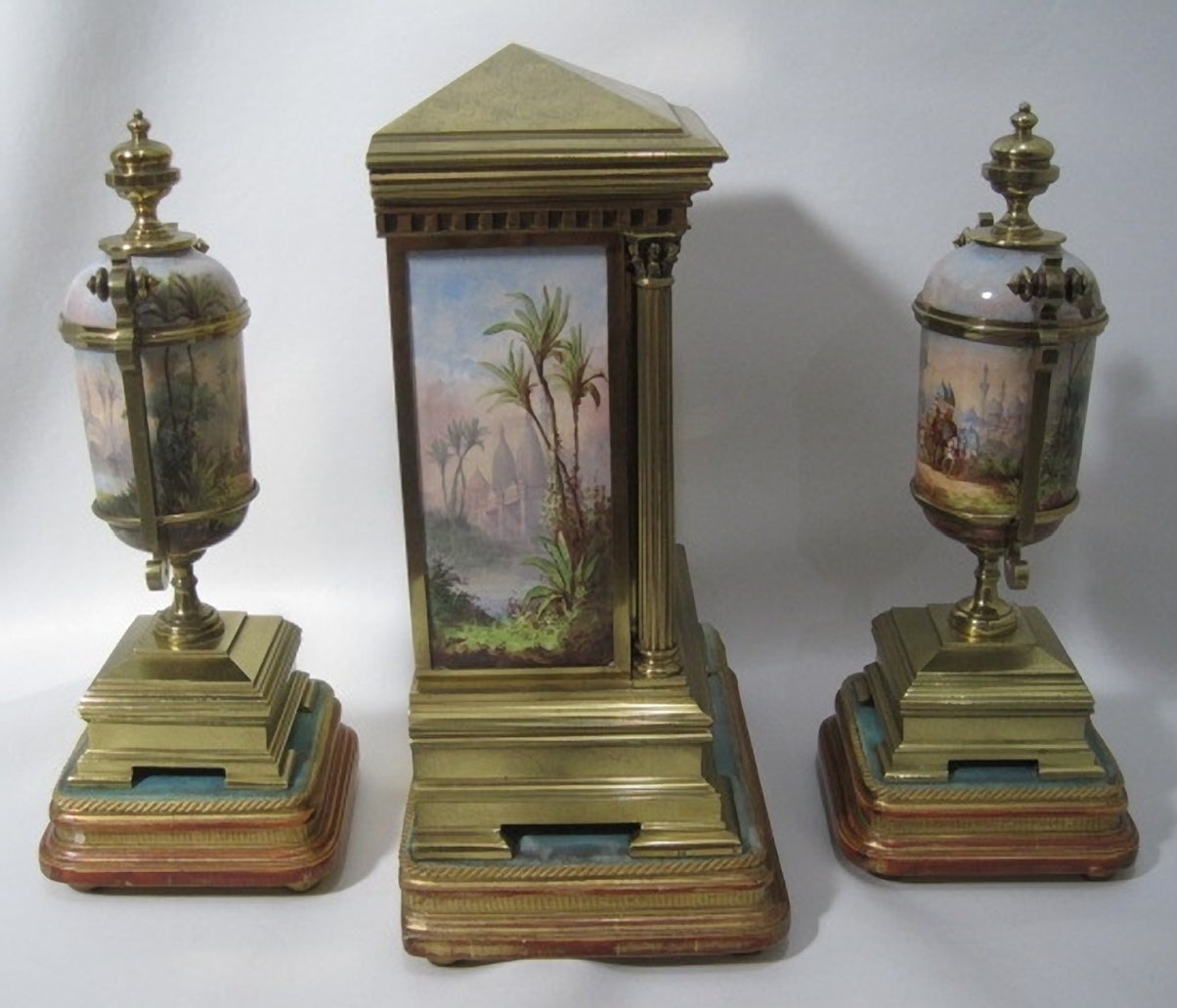 19th Century French Gilt Bronze and Porcelain Mantel Clock and Garniture For Sale 2