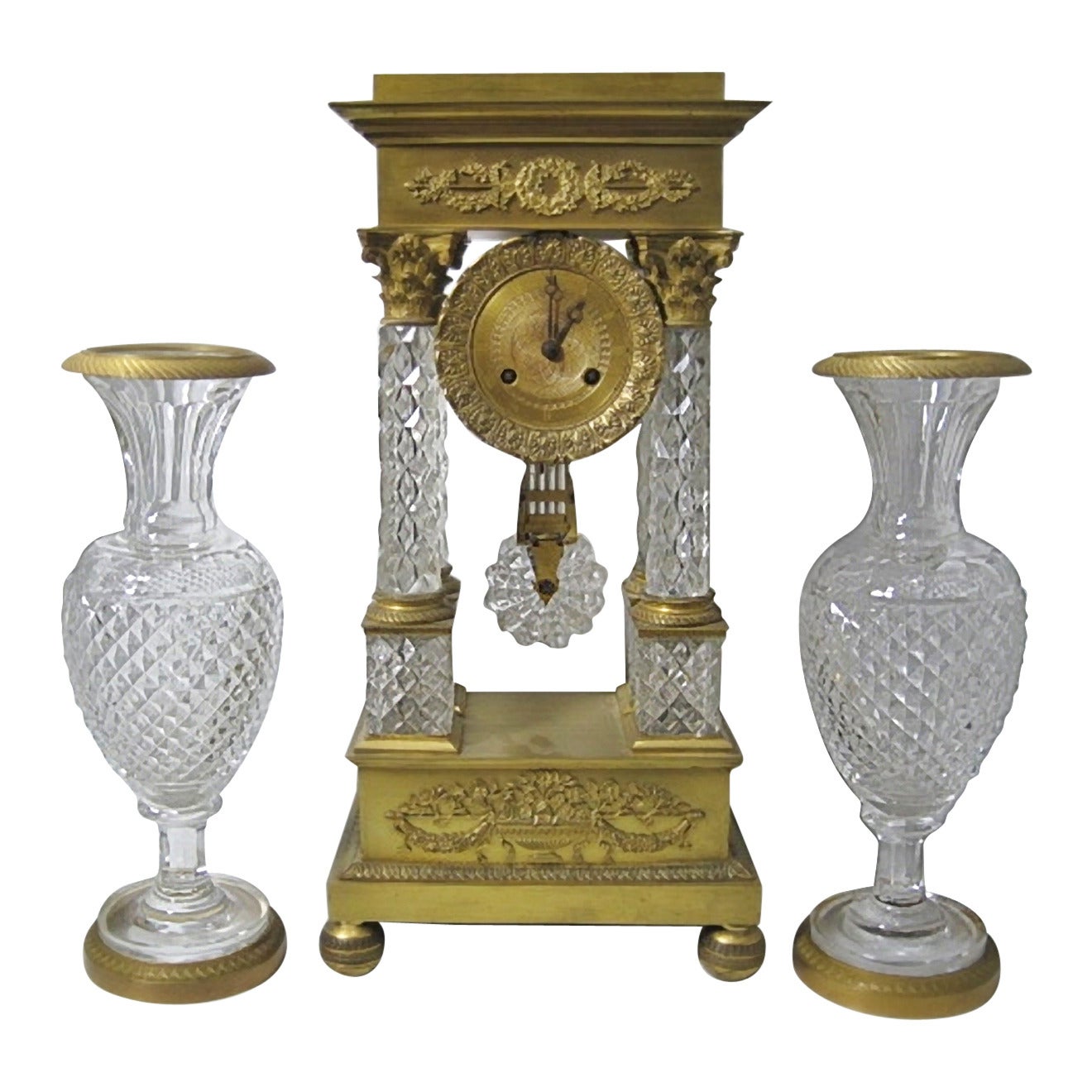 Baccarat Crystal Clock Garniture, French Empire with Gilt Bronze For Sale
