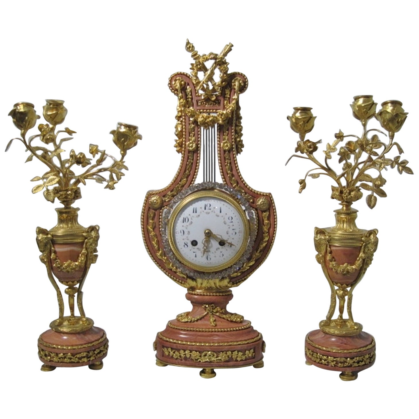 Lyre Form Clock Garniture, Louis XVI Manner, 19th Century