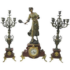 Antique 19th Century French Tennis Themed Figural Clock Garniture