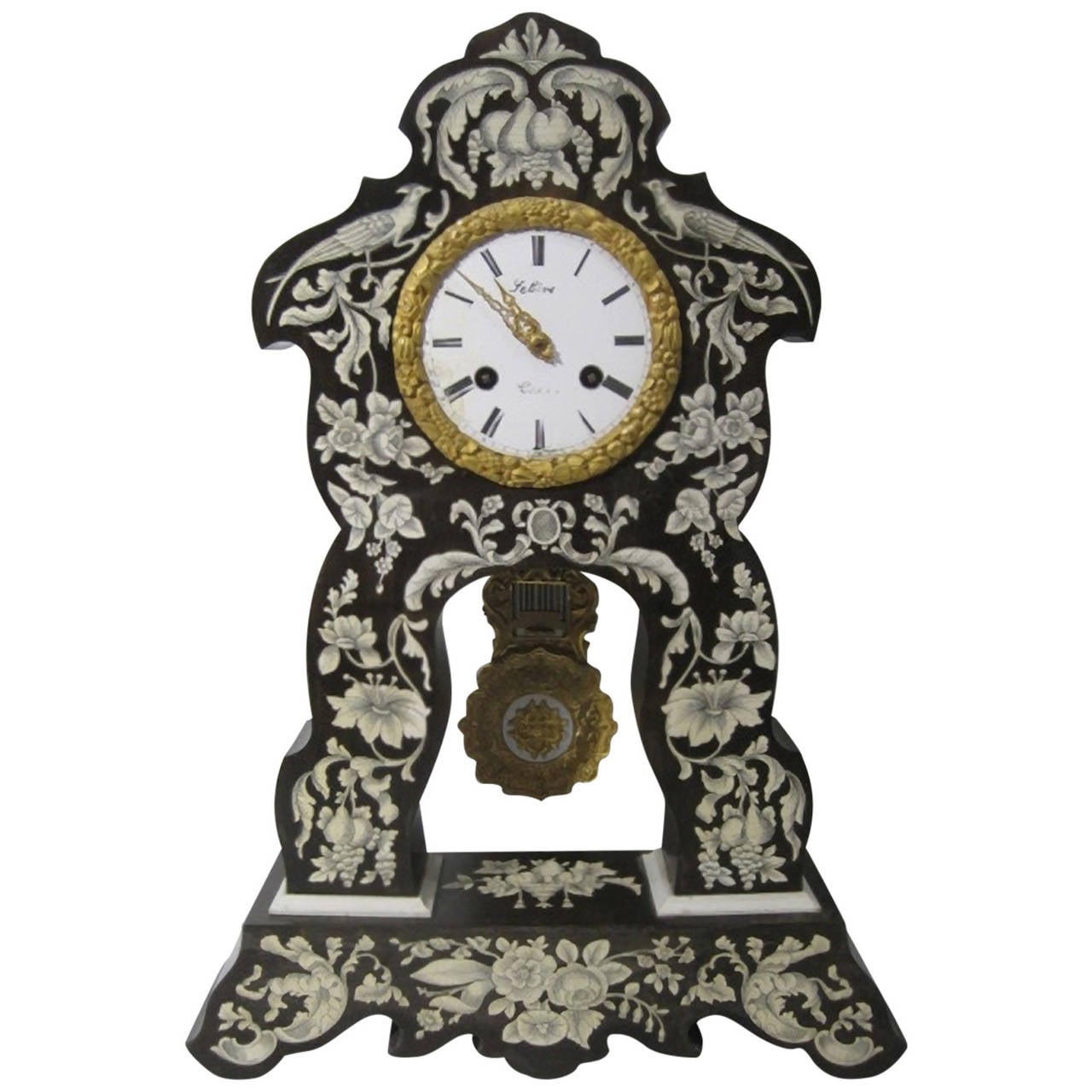 19th Century French Portico Clock with Bone Inlay