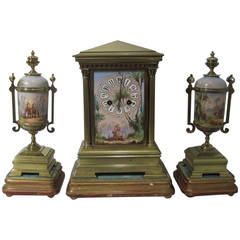 19th Century French Gilt Bronze and Porcelain Mantel Clock and Garniture