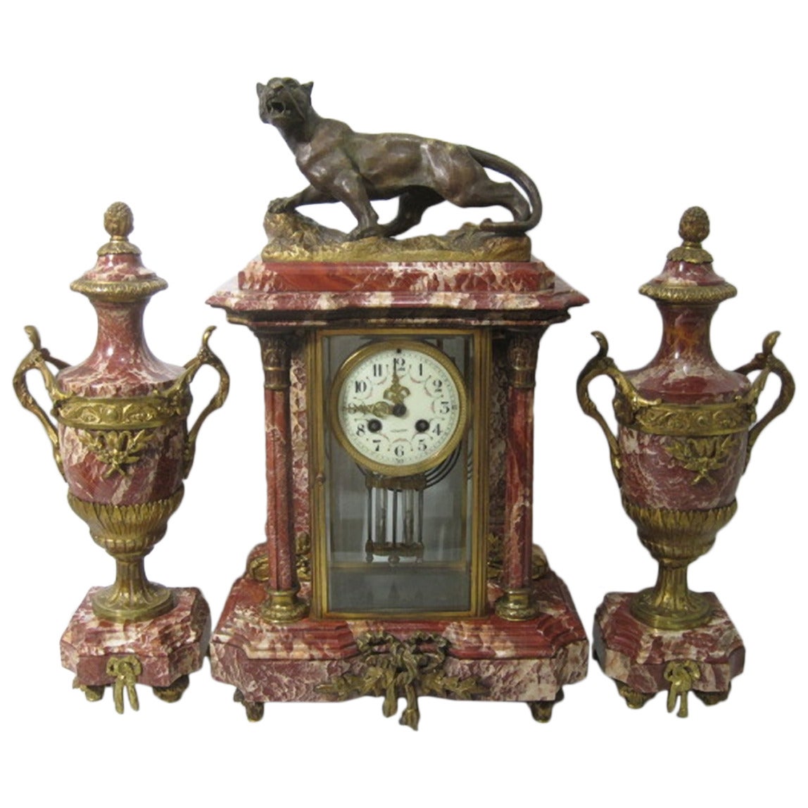French Marble Clock and Garniture Set, Louis XVI Style For Sale
