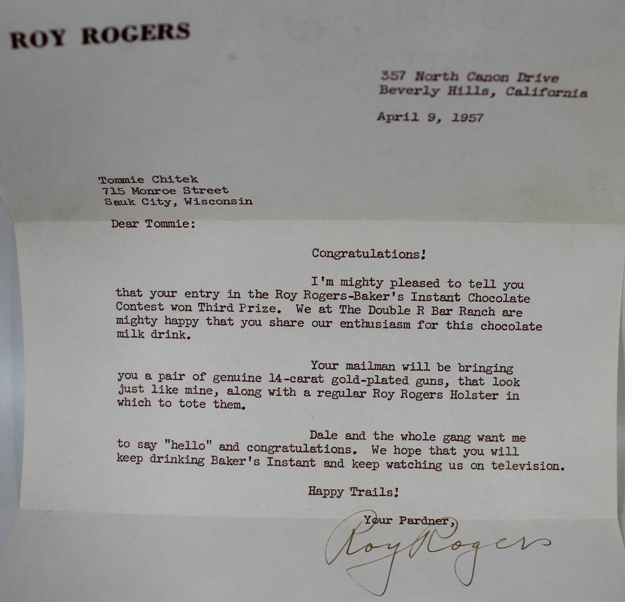 American Roy Rogers Cap Gun Holster Set with Letter Signed by Roy Rogers