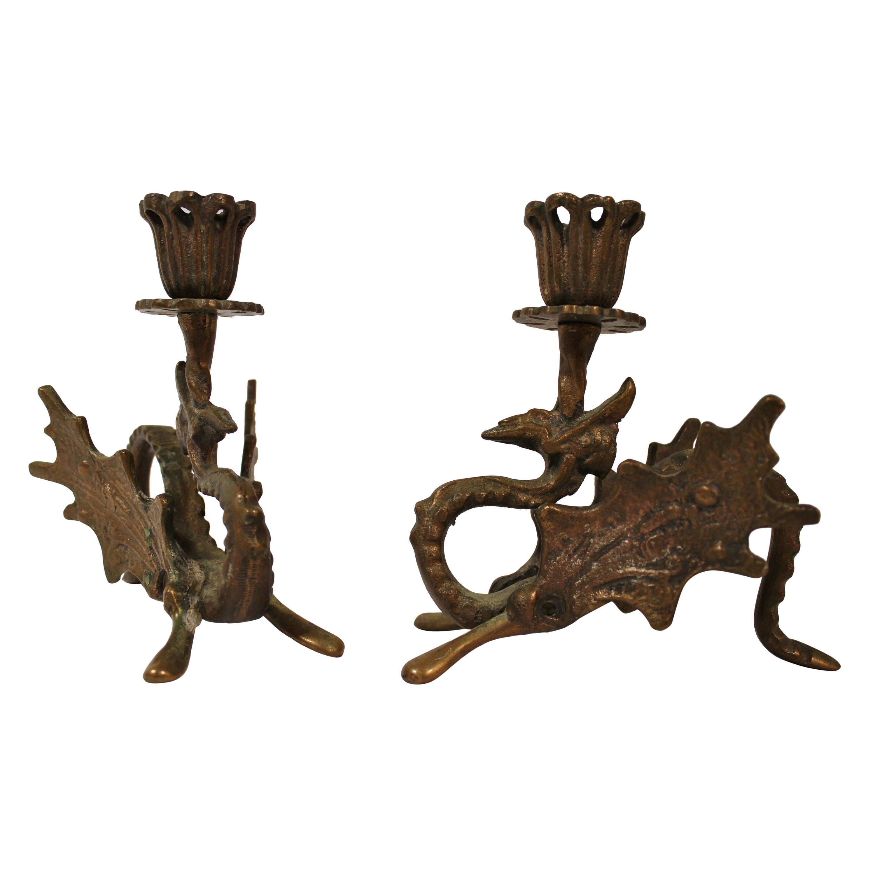 Art Deco Bronze Dragon Candle Holders