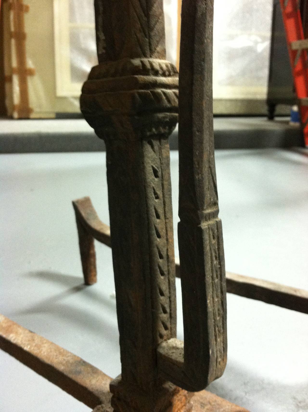 Baroque Pair of Wrought Iron and Brass Andirons, circa 1740 For Sale