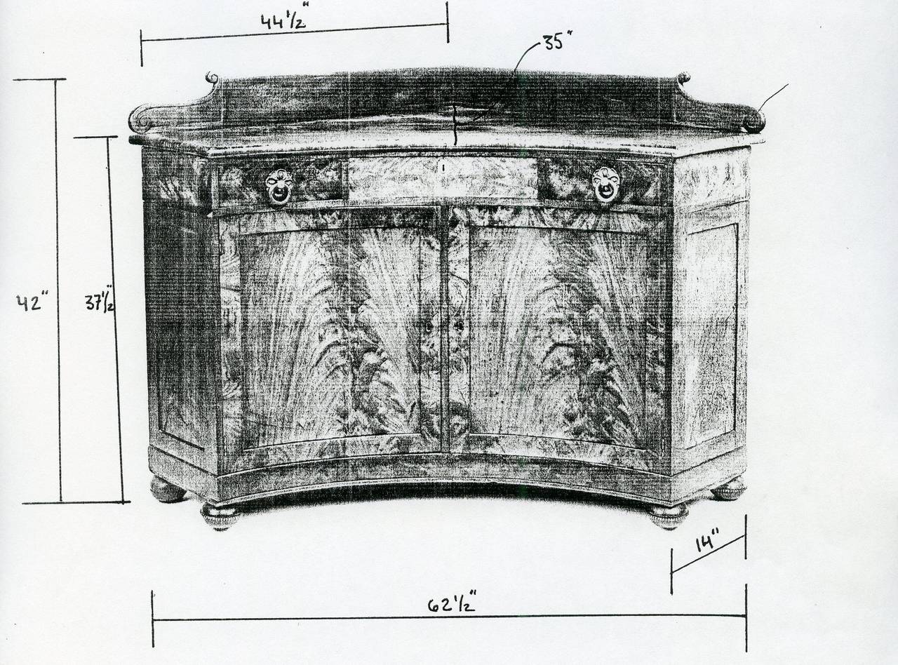 Boston 1820-1825

The paneled back splash above the triangular shaped top above the conforming case with curving, concave façade with three short drawers, two with stamped brass ring pulls, above a pair of paneled cabinet doors opening to a